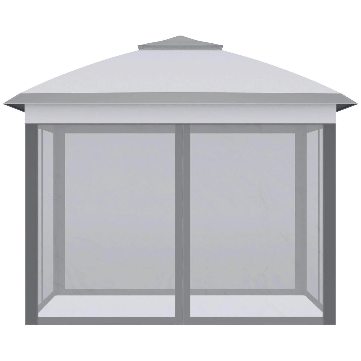 Grey pop-up gazebo with open front and mesh window panels under canopy roof.