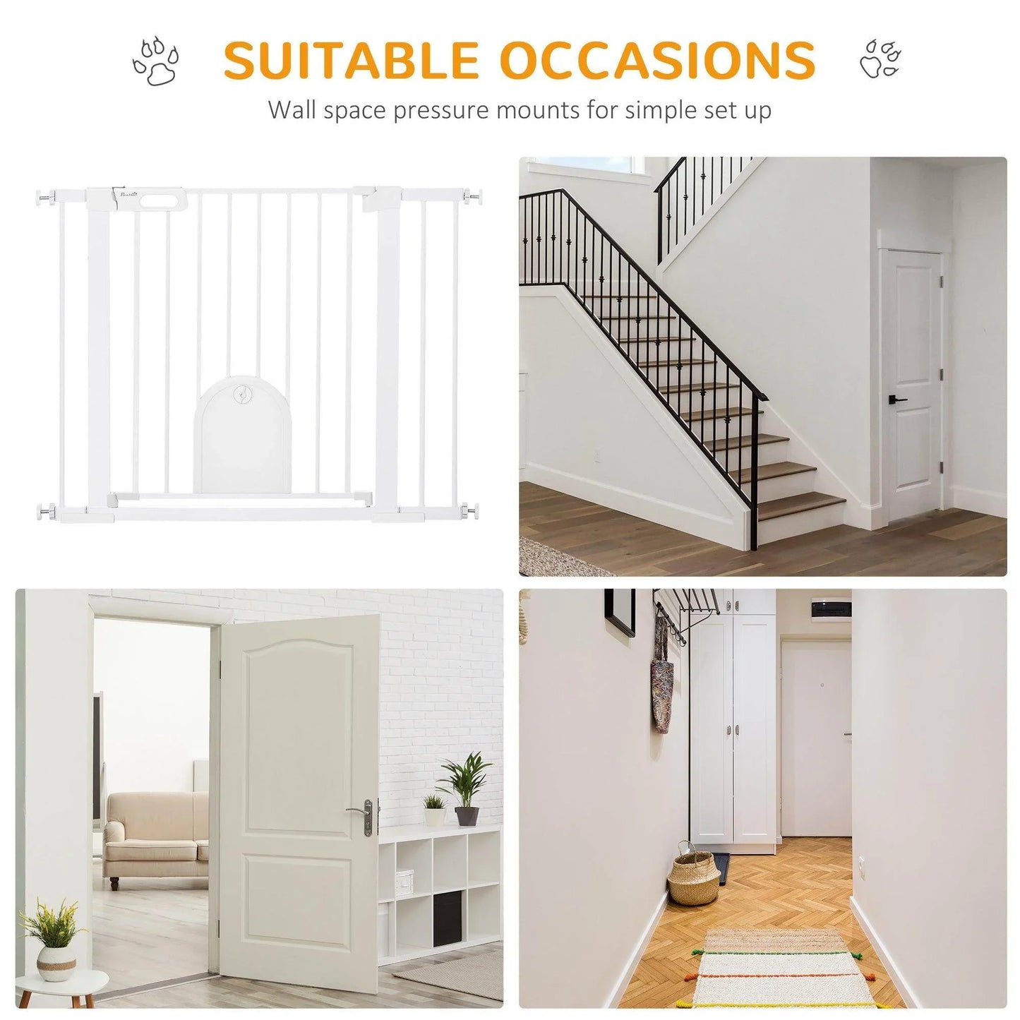 PawHut White Pet Safety Gate with Cat Flap, Auto Close, Double Locking - ALL4U RETAILER LTD