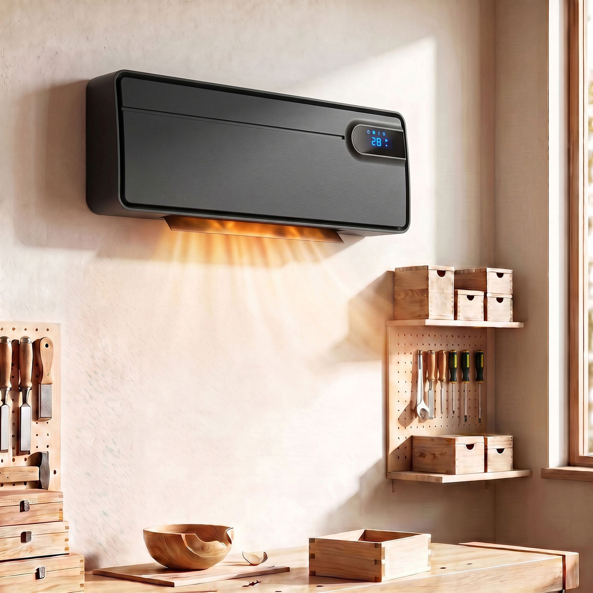 Black wall-mounted ceramic heater with digital display, mounted on indoor wall