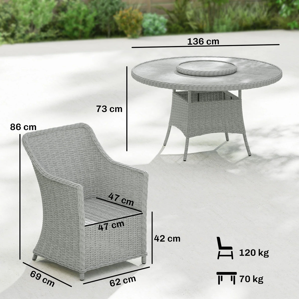 Grey rattan dining chair and round lazy susan table with tabletop and legs