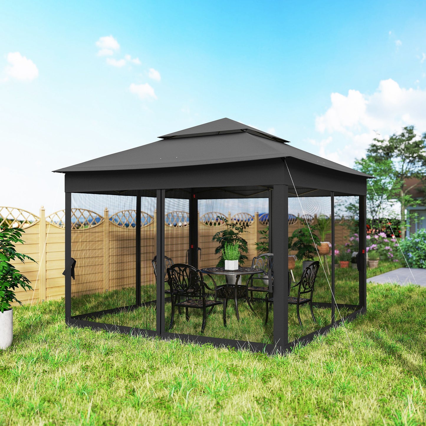 Outsunny 3m by 3m Pop Up Gazebo with Netting and Carry Bag Black Double Roof Garden Shelter for Parties