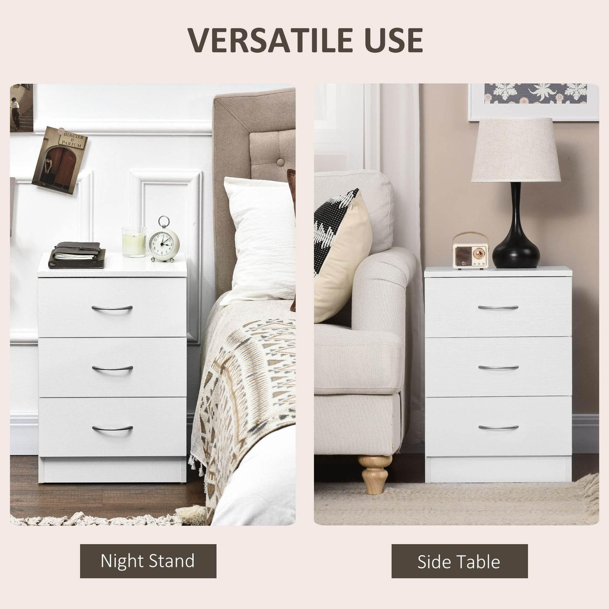 White three-drawer nightstand styled between a sofa and bed with storage drawers