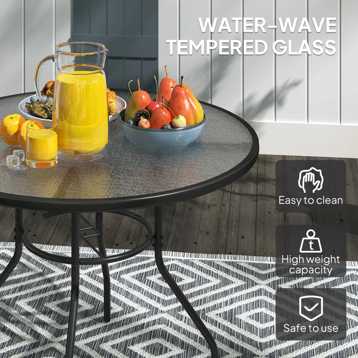 Tempered glass outdoor table top on black steel base, easy-clean surface