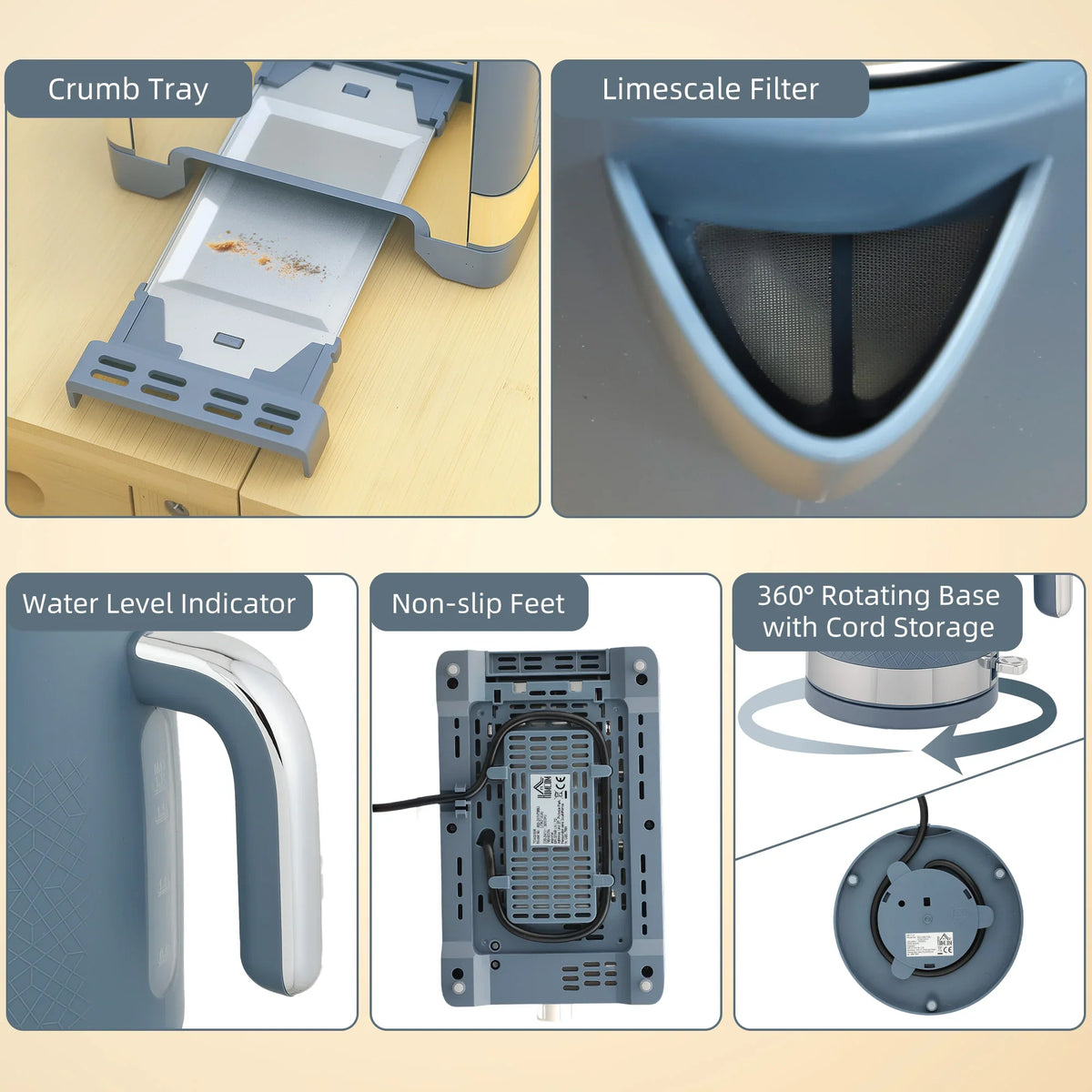 Toaster crumb tray, kettle limestone filter, water indicator, non-slip feet, and 360° base.