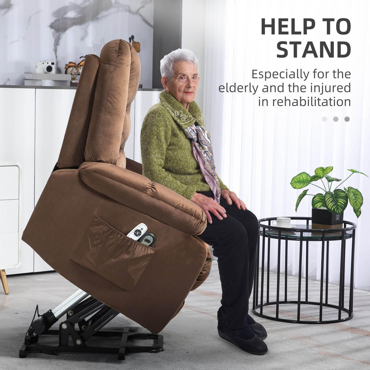 Brown velvet electric lift recliner chair with footrest extended and side control panel
