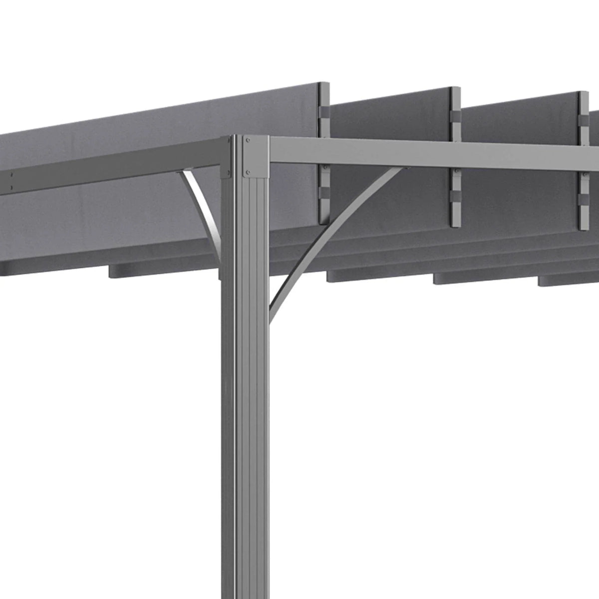 Grey louvered pergola corner with slatted roof panels and vertical support post