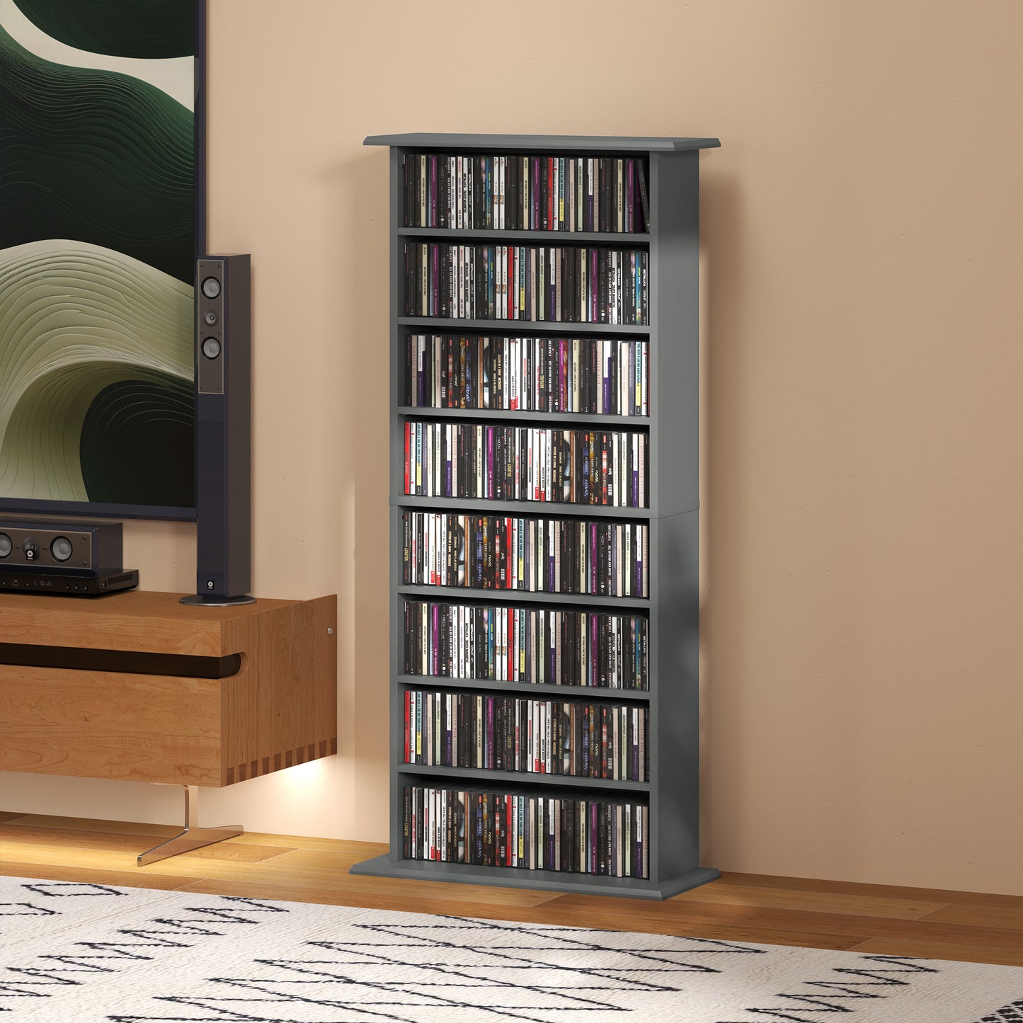 HOMCOM 360 CD Storage Unit Grey Tall Wall Mounted Multimedia Shelf Eight Compartments for CDs DVDs Blu Rays