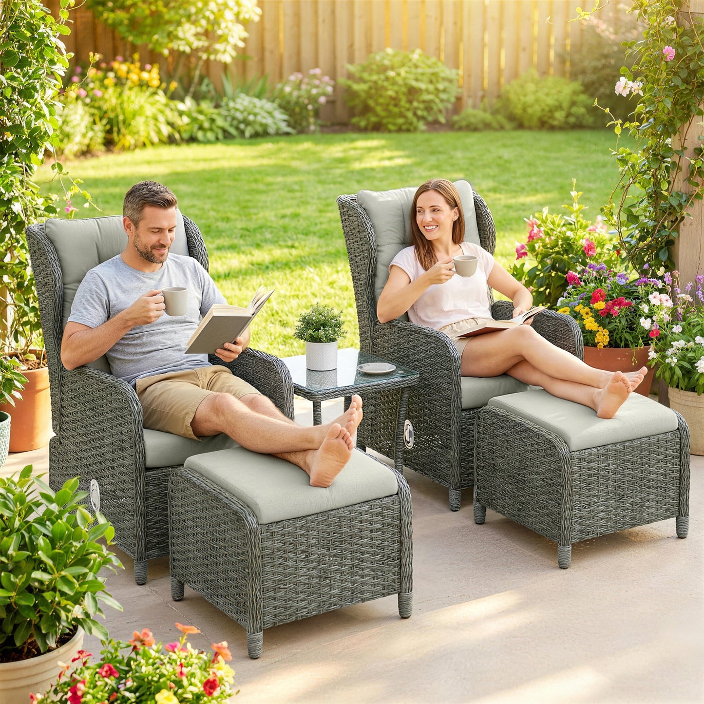 Outsunny 5 Piece Garden Furniture Set Rattan Reclining Chairs With Footstool And Cushions Set Of 2 For Balcony Cream