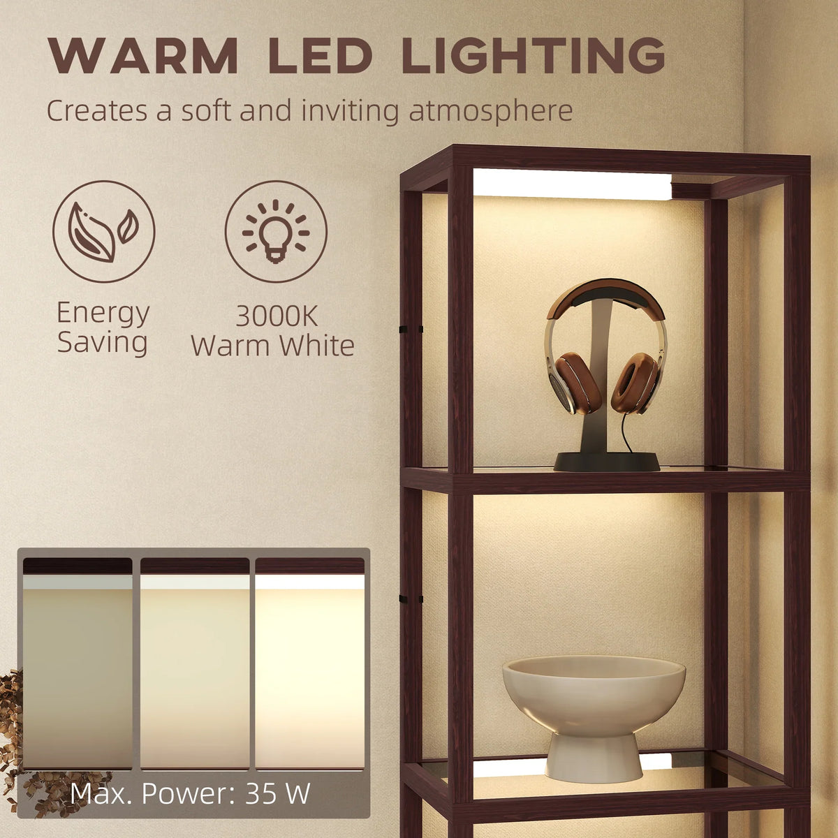 Dark brown floor lamp with warm white LED light and open shelf for decor