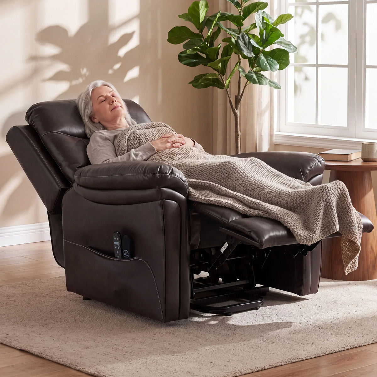 Brown electric recliner chair with PU leather upholstery, person reclining with footrest up.