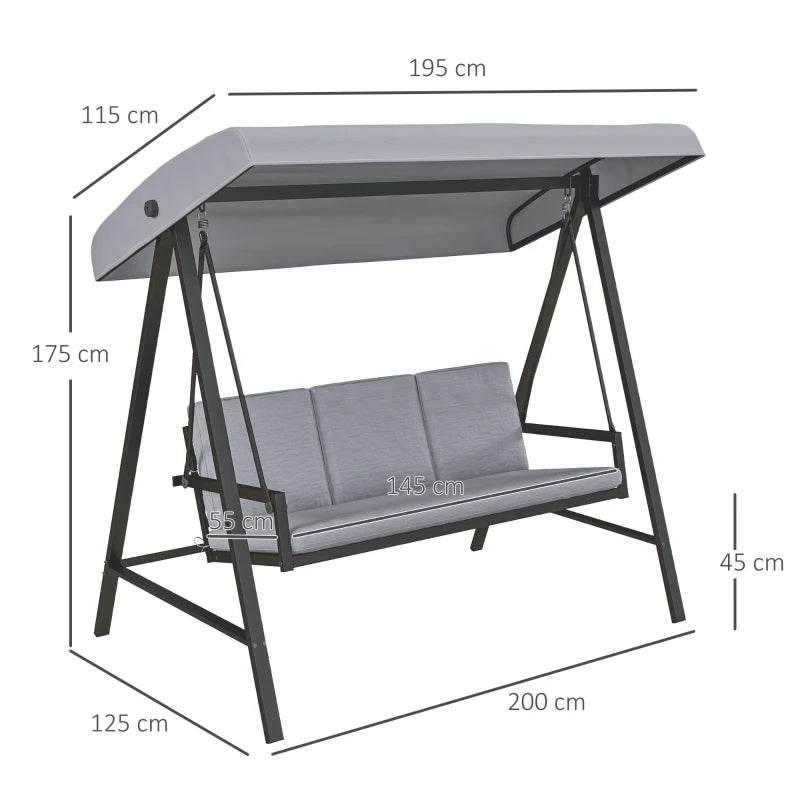 Grey patio swing bench with adjustable canopy and padded three-seat cushions, diagram view