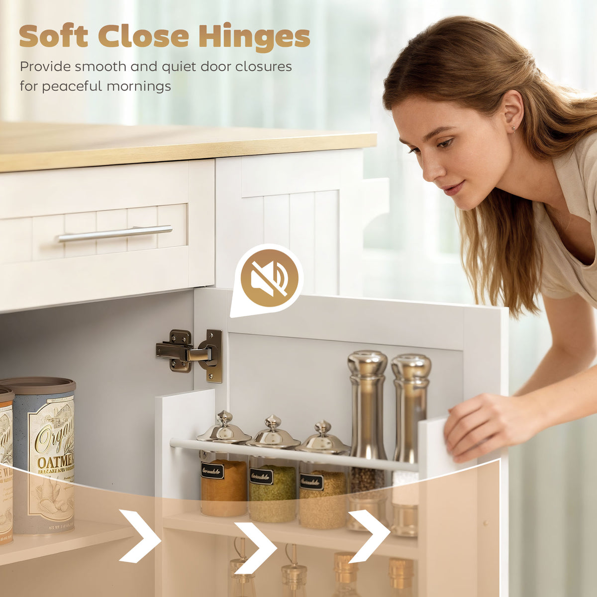 White rolling kitchen island cart with open storage cabinet and hanging towel rack