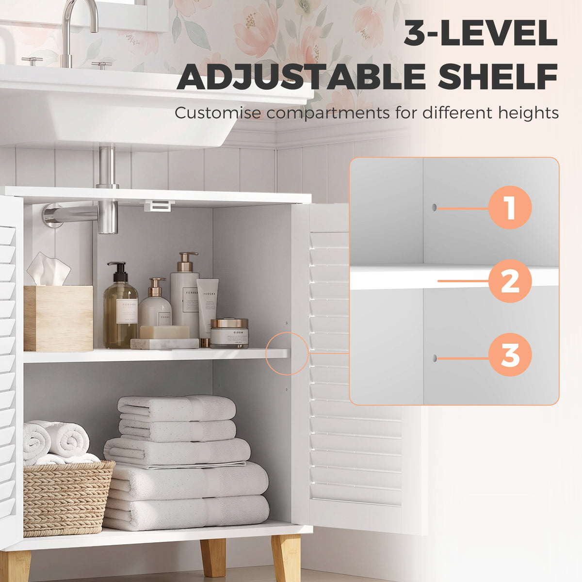 Interior of white under-sink cabinet showing adjustable shelf compartments