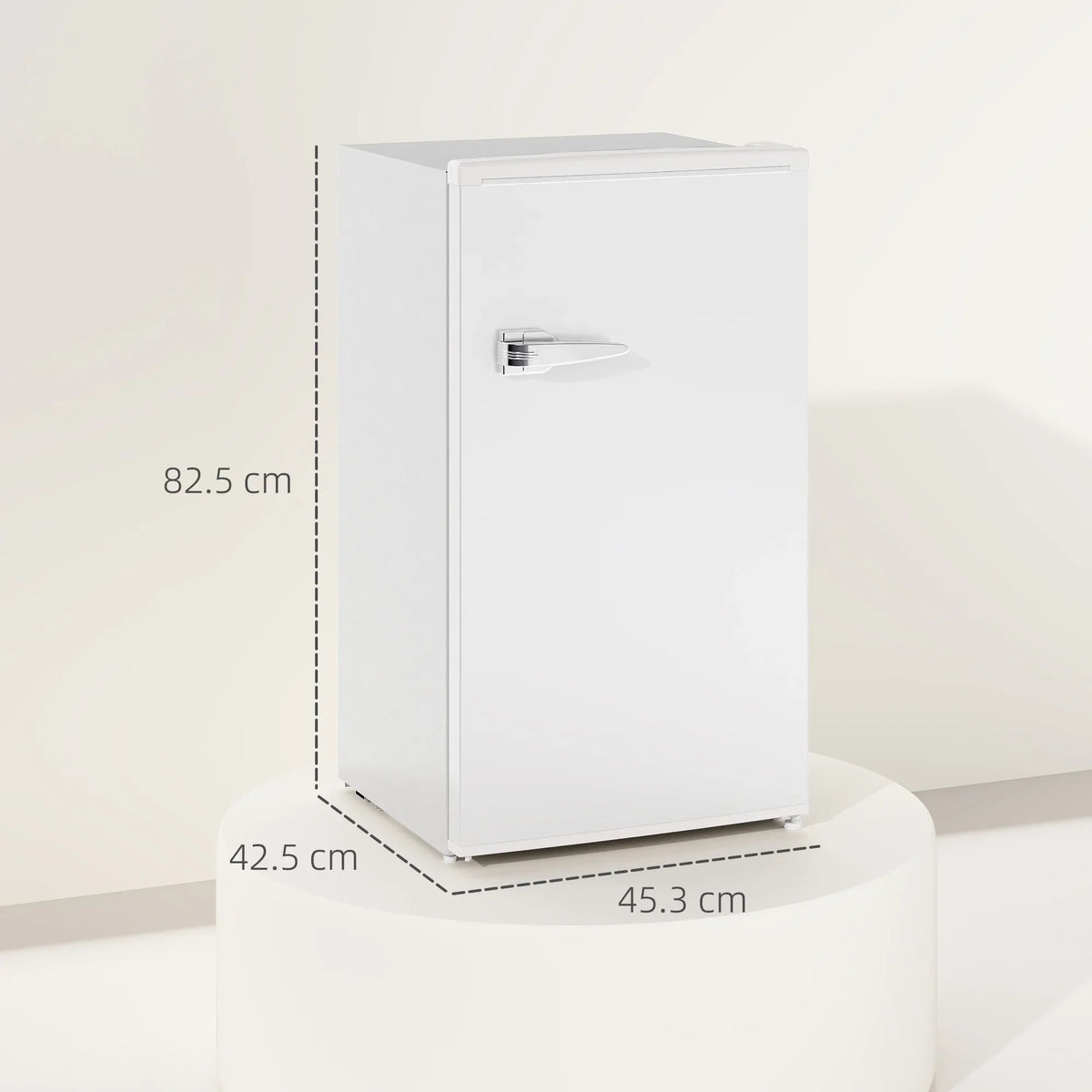 White under-counter refrigerator shown from the side with built-in handle and clean front