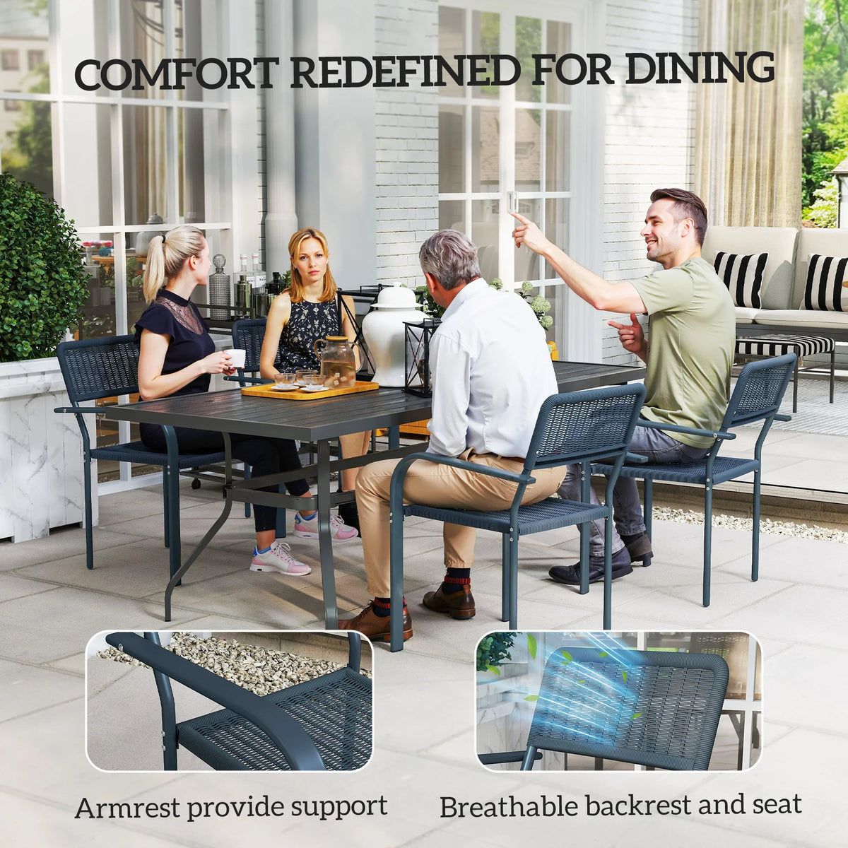 Dark grey patio dining chairs with armrests, woven breathable back and seat