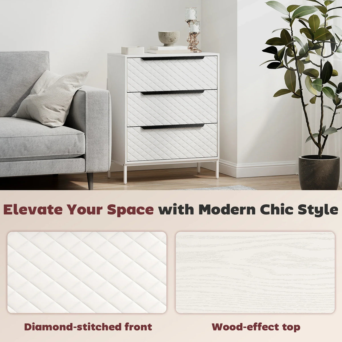 White fabric chest of drawers with diamond-stitch front and dark metal bar handles