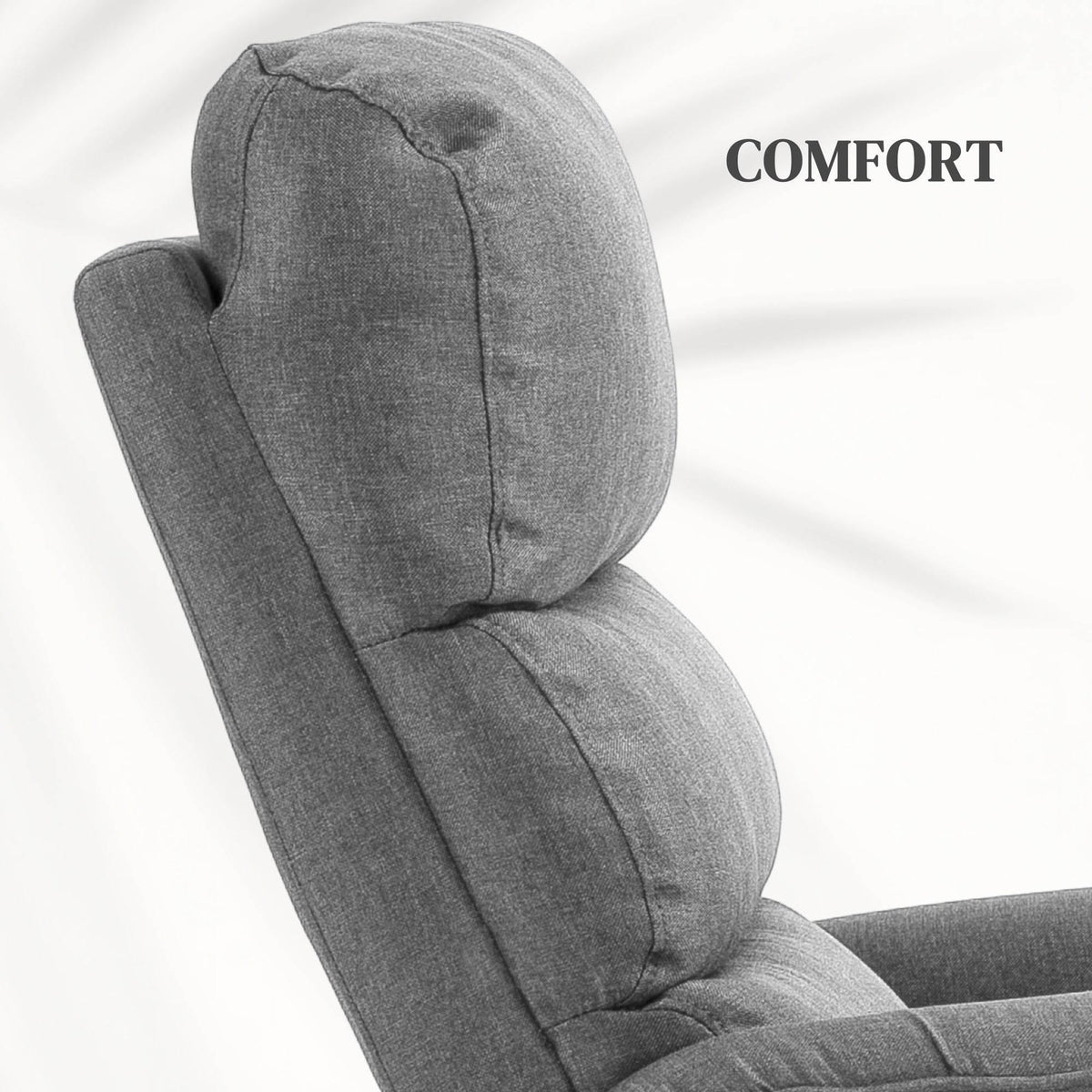 Gray upholstered recliner armchair with tall backrest and padded headrest.