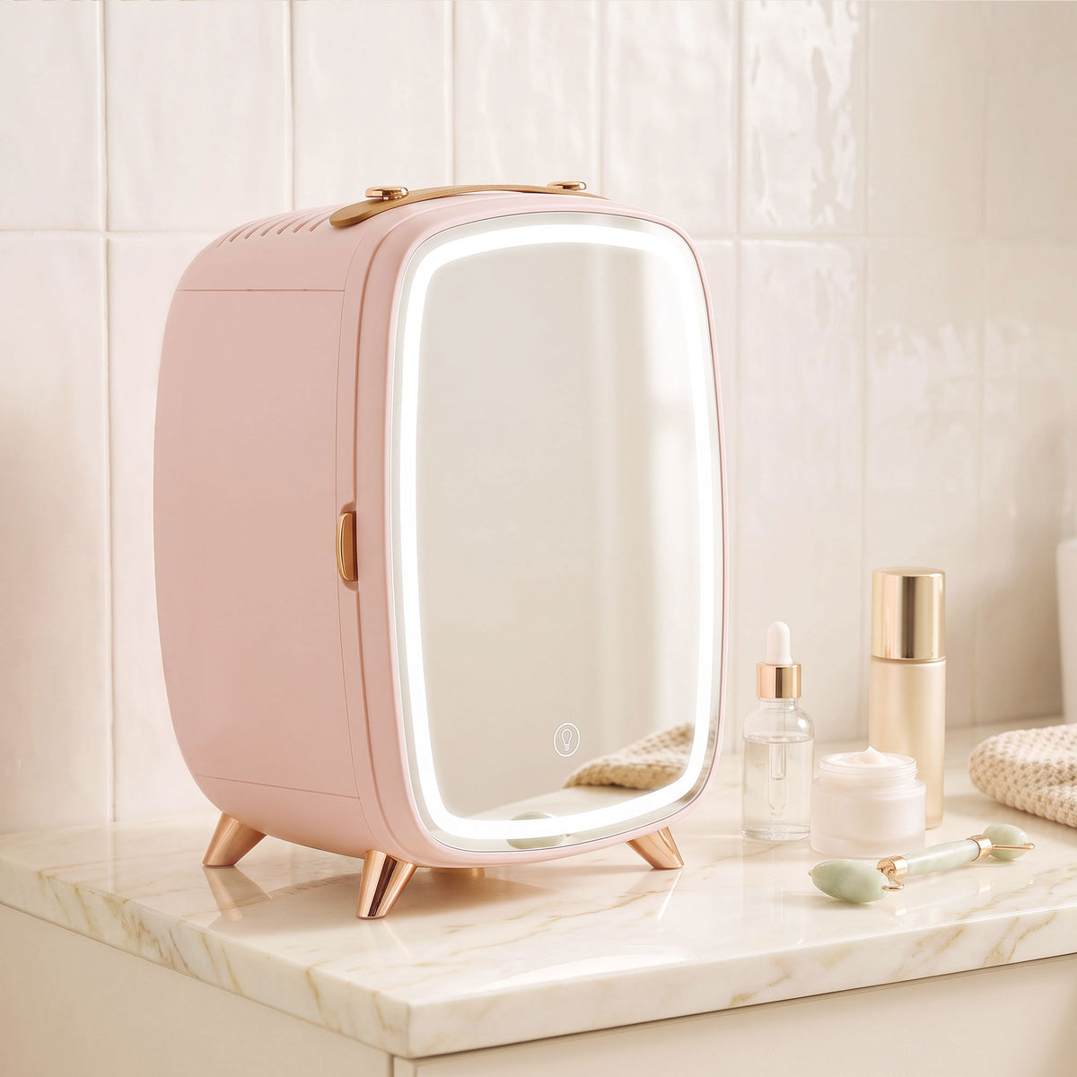 Pink mini cosmetic fridge with LED touch mirror, closed door on a countertop