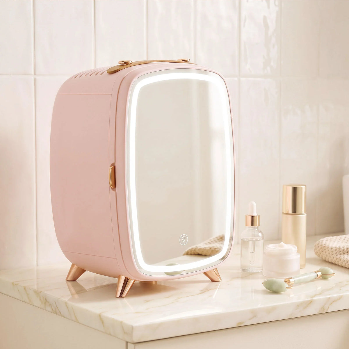 Pink mini cosmetic fridge with LED touch mirror, closed door on a countertop