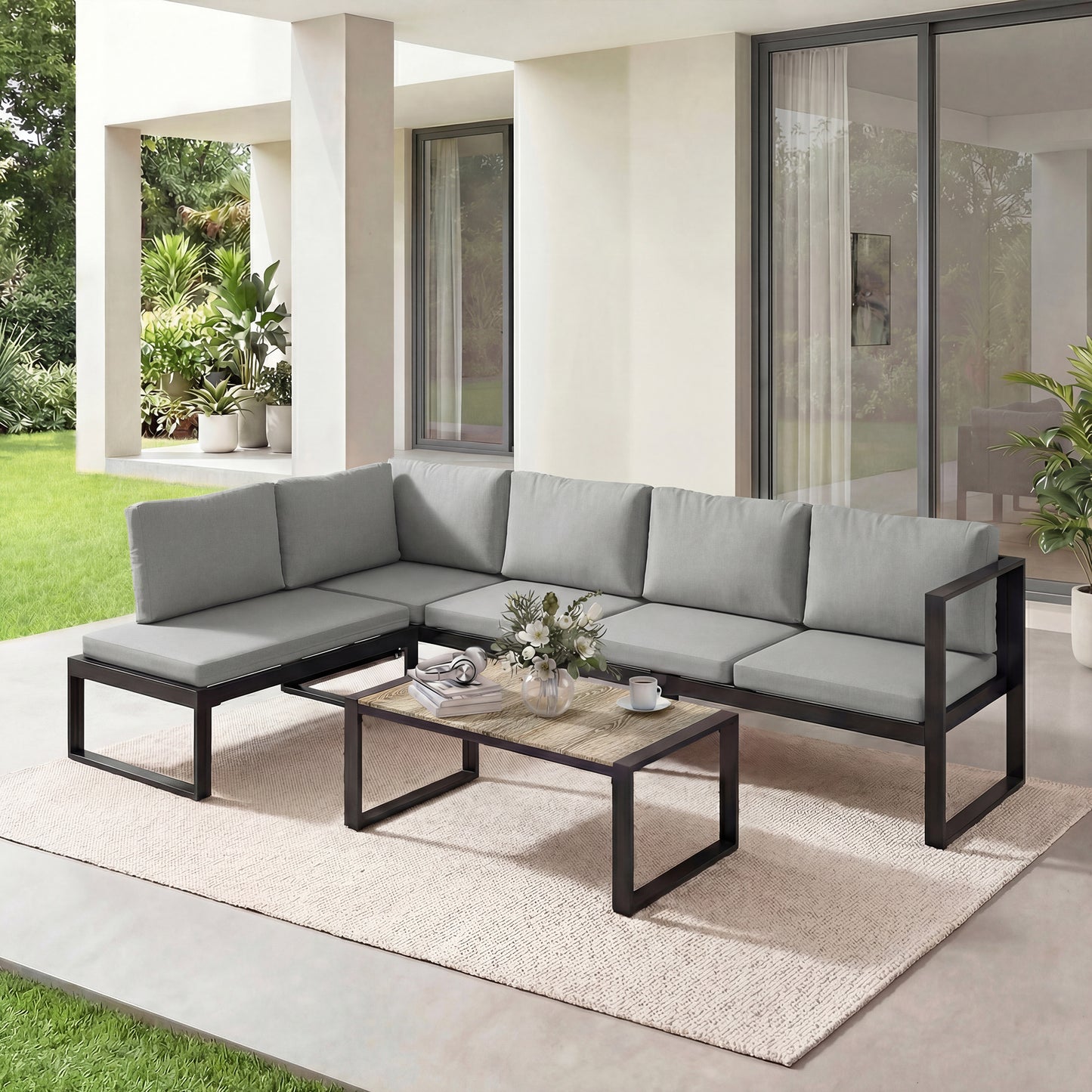 Outsunny 4 Piece Garden Sofa Set With Two Loveseats Armless Chair And Coffee Table For Balcony Dark Grey
