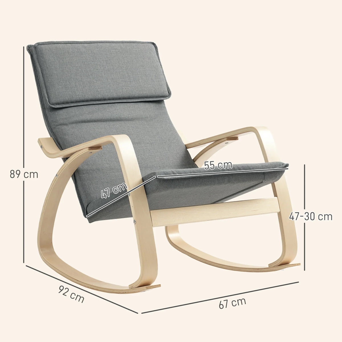 Grey upholstered rocking chair with headrest and light wood frame; size diagram shown