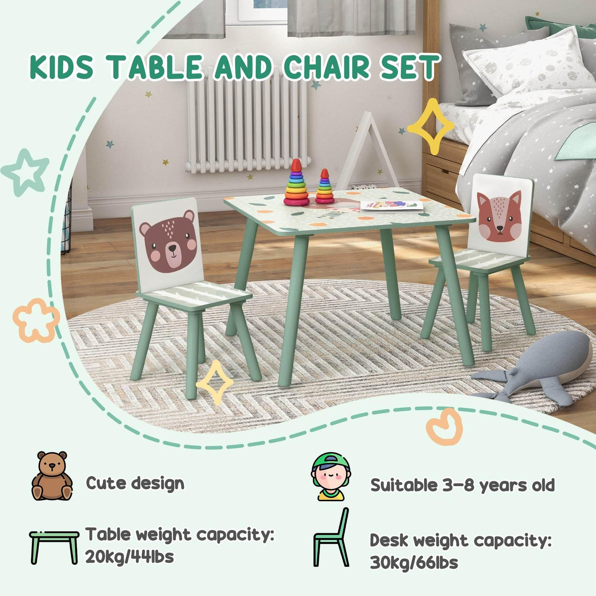 Kids table and chair set with light green legs, bear-face chair backs and toys