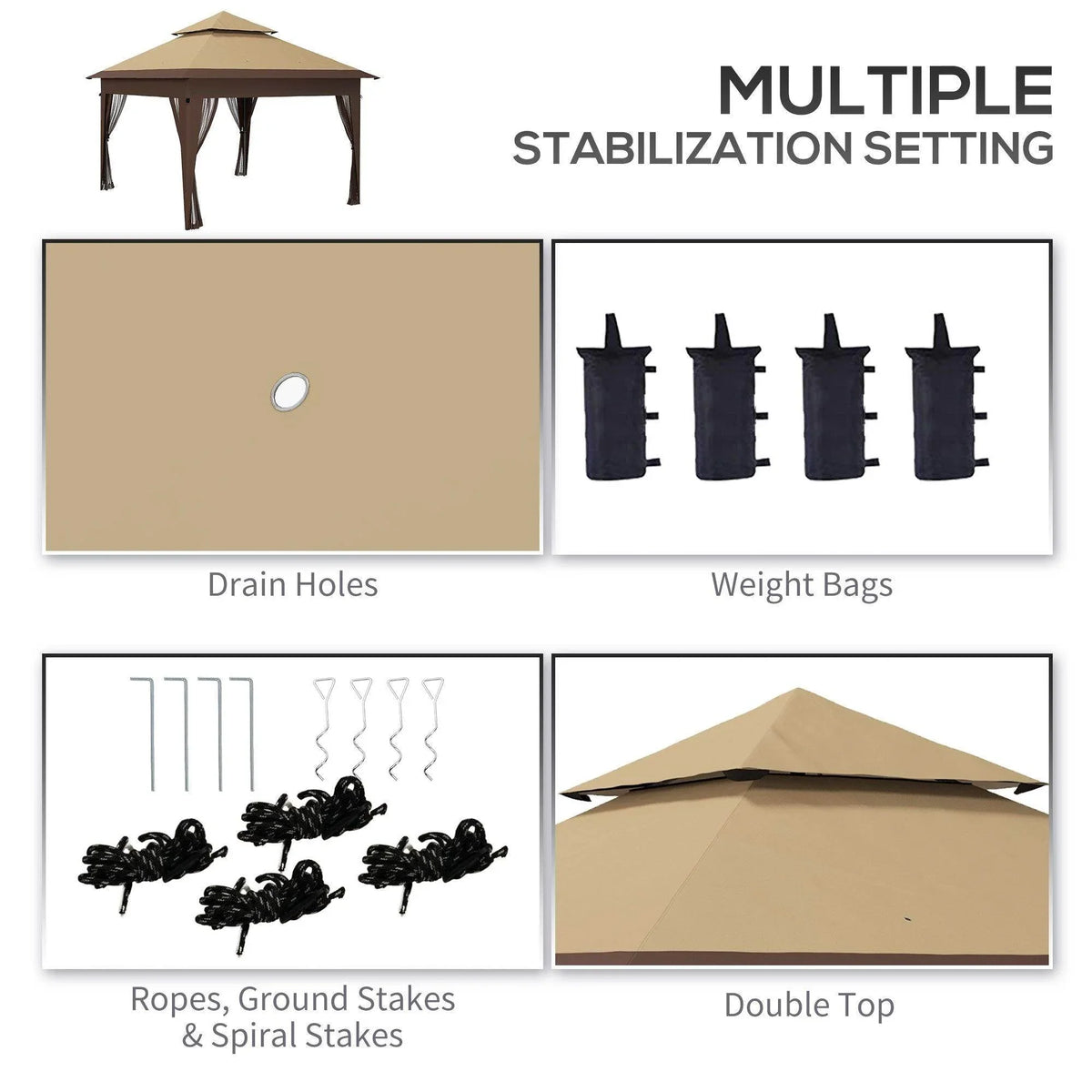 Pop-up gazebo stabilization parts: ropes, ground stakes, weight bags, double top