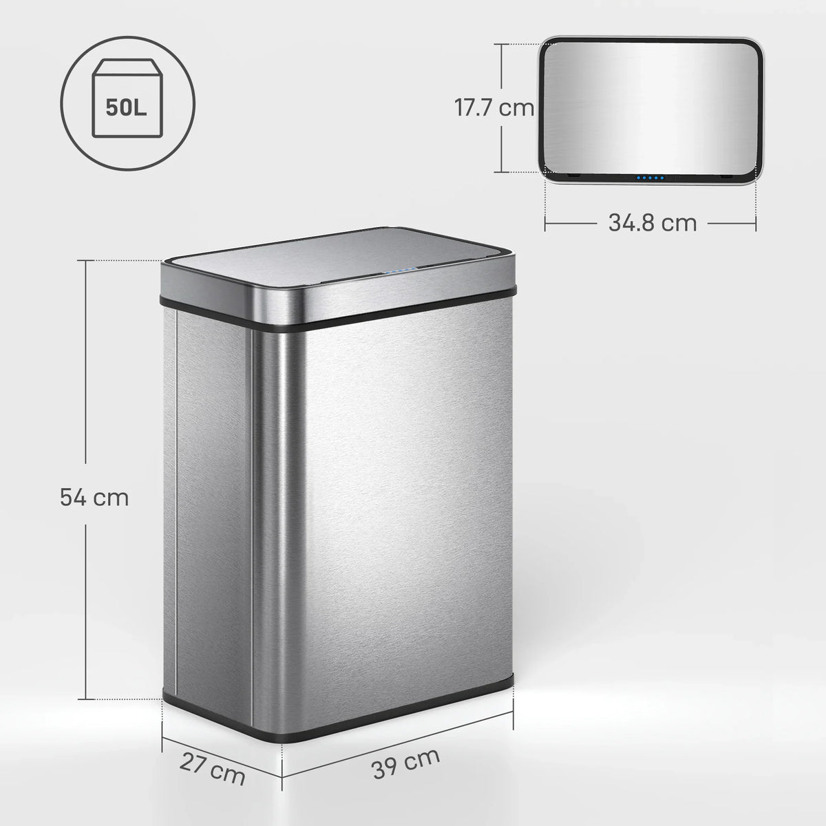 50L stainless steel touchless trash can with flat lid and size dimensions shown
