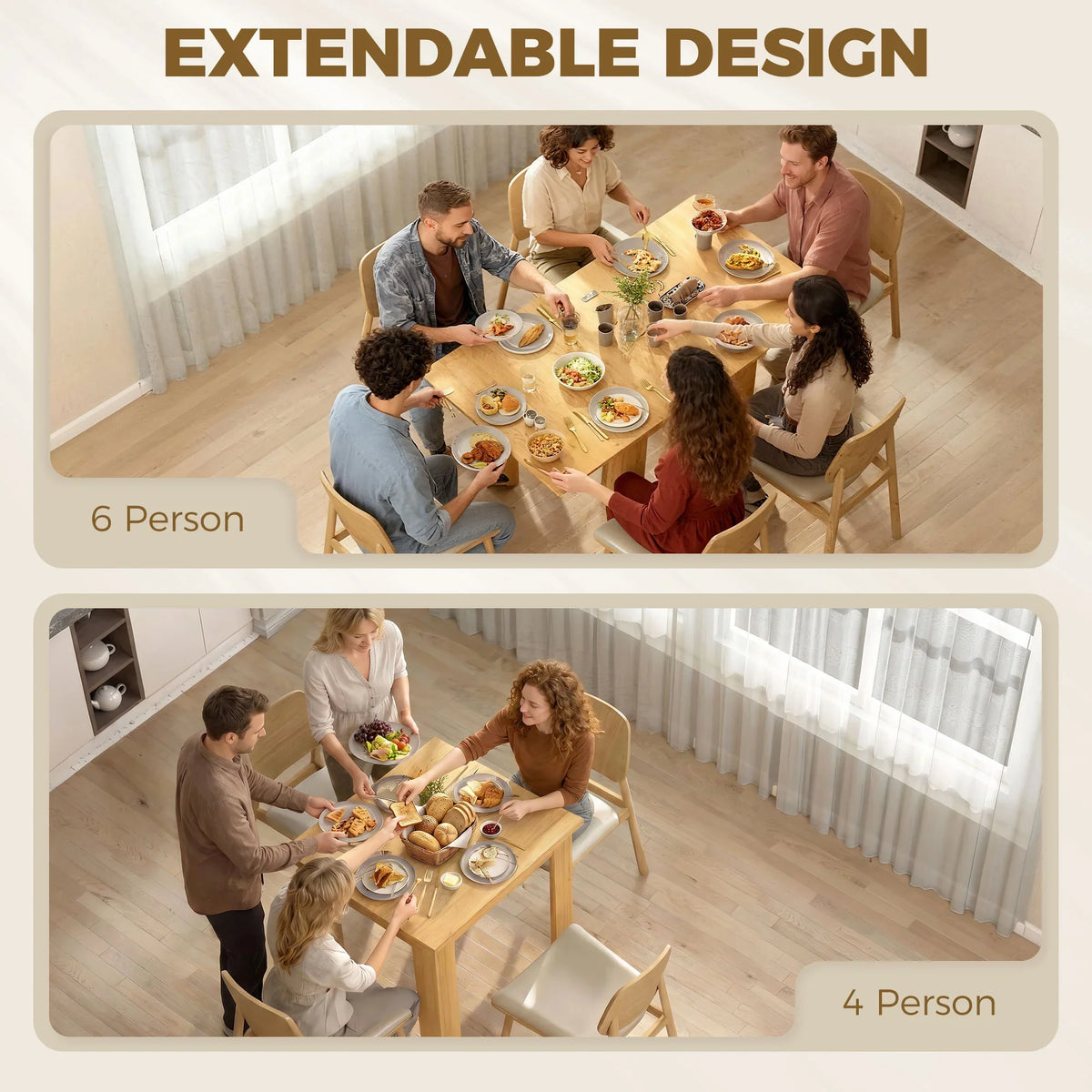 Wood-effect extendable square dining table shown in expanded 6- and 4-person setups