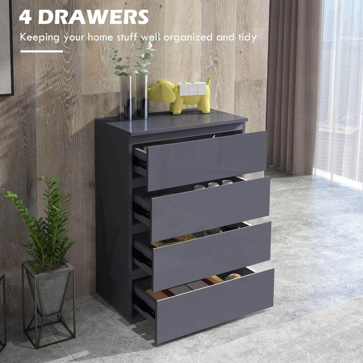 High-gloss 4-drawer dresser with open drawer, dark gray and slide rails