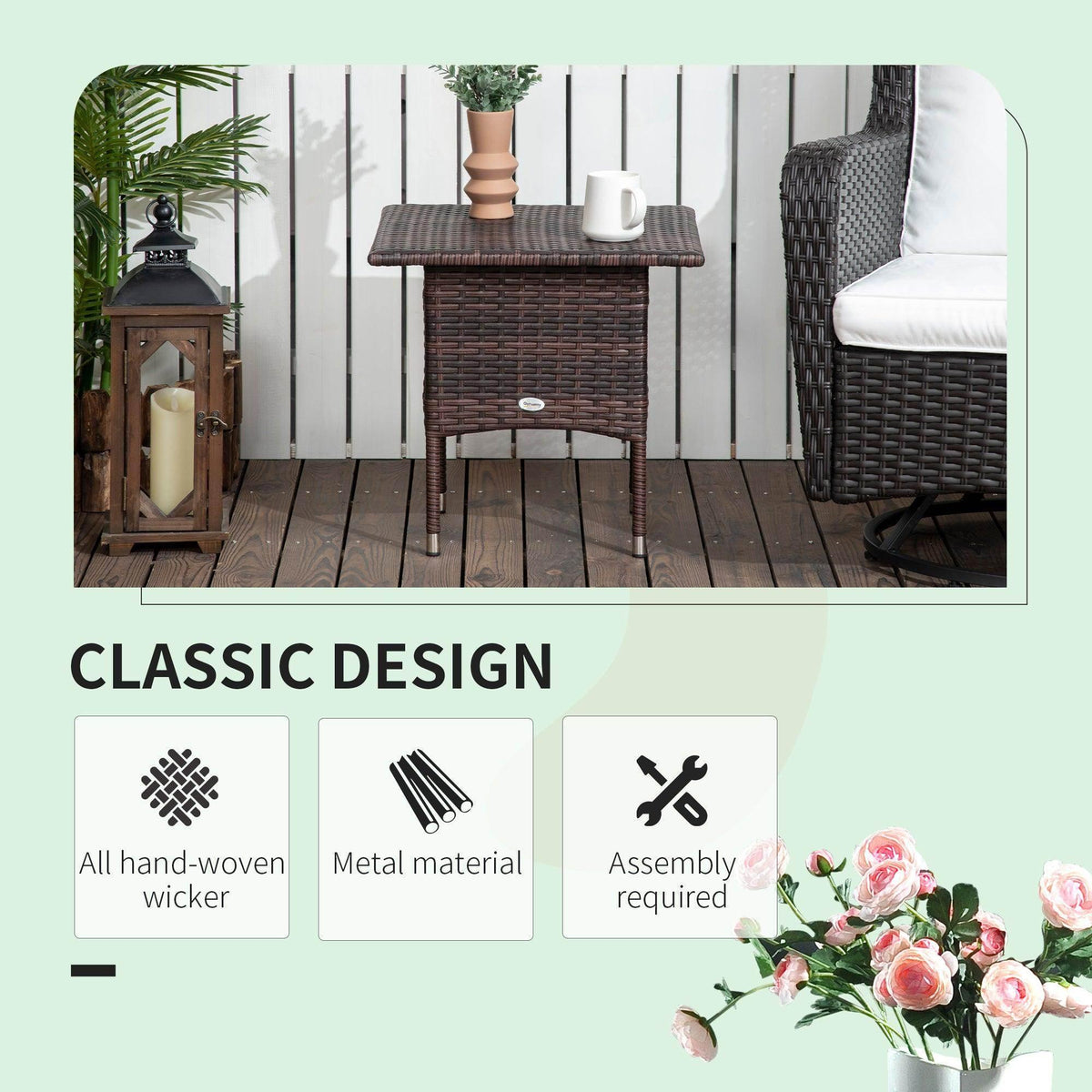 Small square woven side table in dark brown rattan with four slim legs