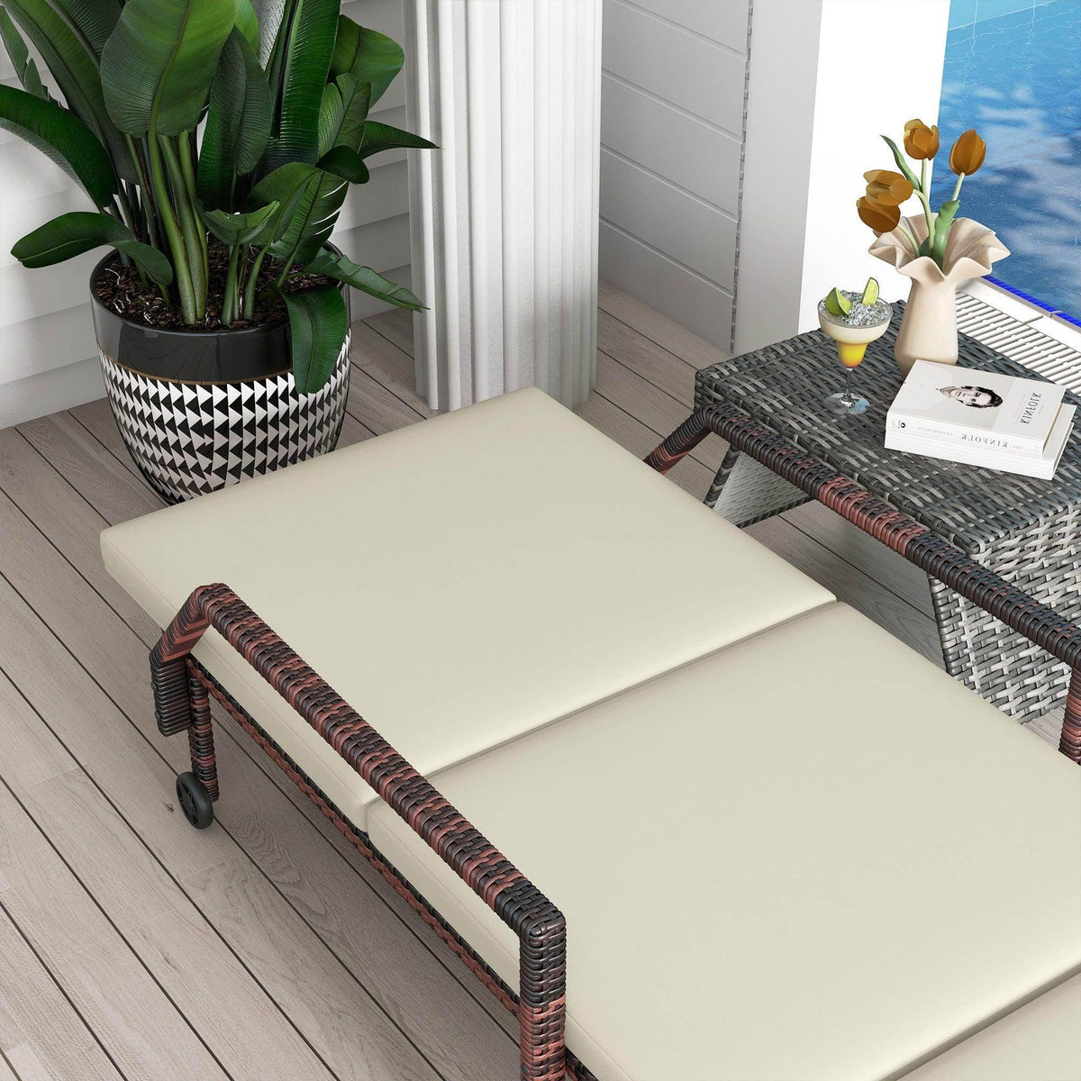 Brown wicker sun lounger with full-length beige cushions for lounging