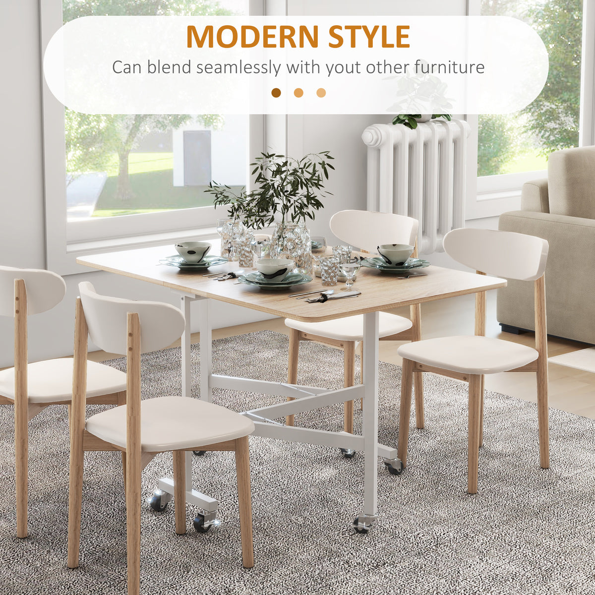Light oak drop-leaf dining table with white base and four-legged frame