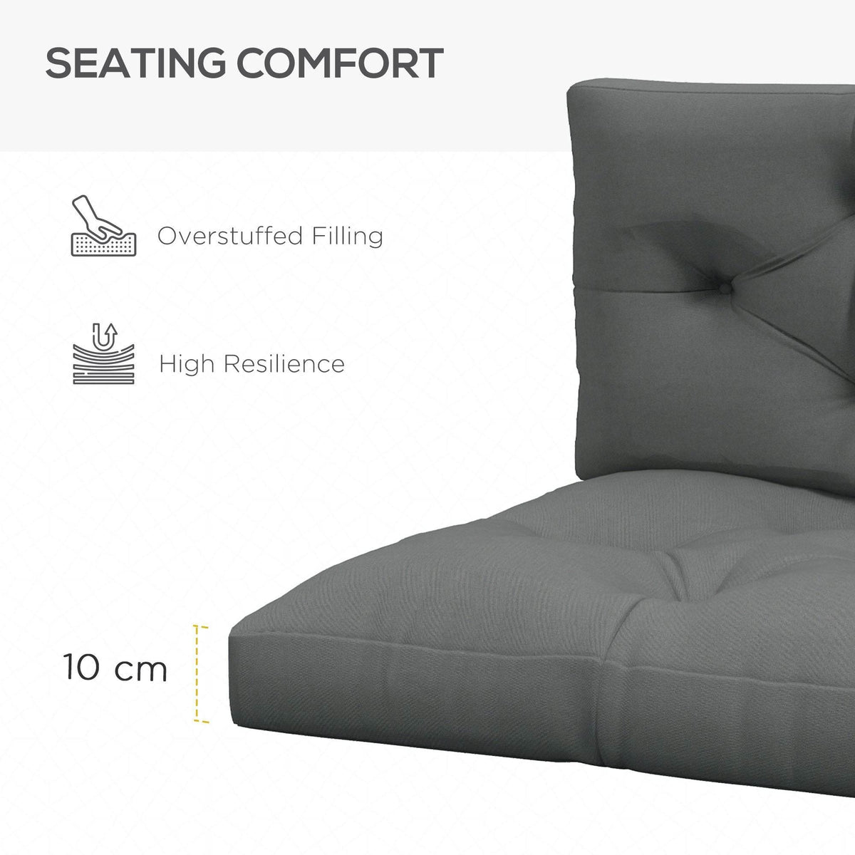 Grey tufted seat and back cushion pads with overstuffed, resilient padding