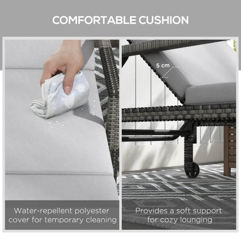 Gray outdoor cushion on rattan lounger with wipe-clean surface