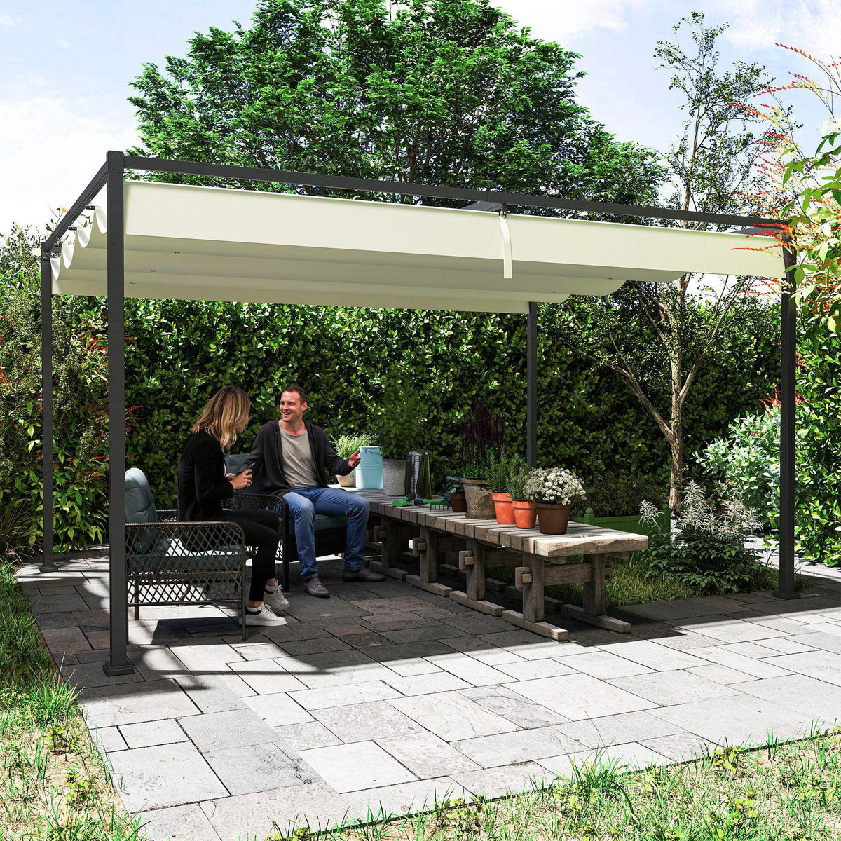 Cream retractable-canopy pergola with black frame over outdoor seating area