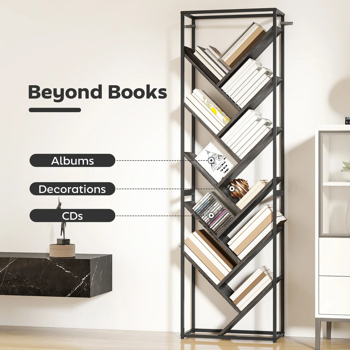 Tree bookshelf display with black metal frame and angled shelves for books and media