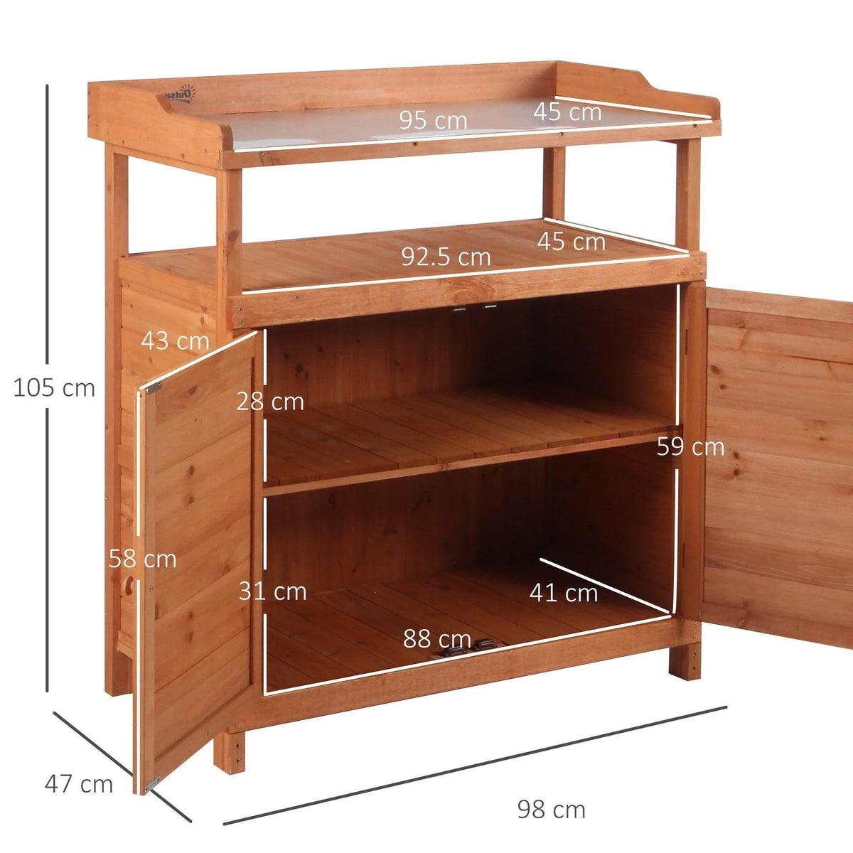 Wood potting bench cabinet with open storage shelves and double lower door opening