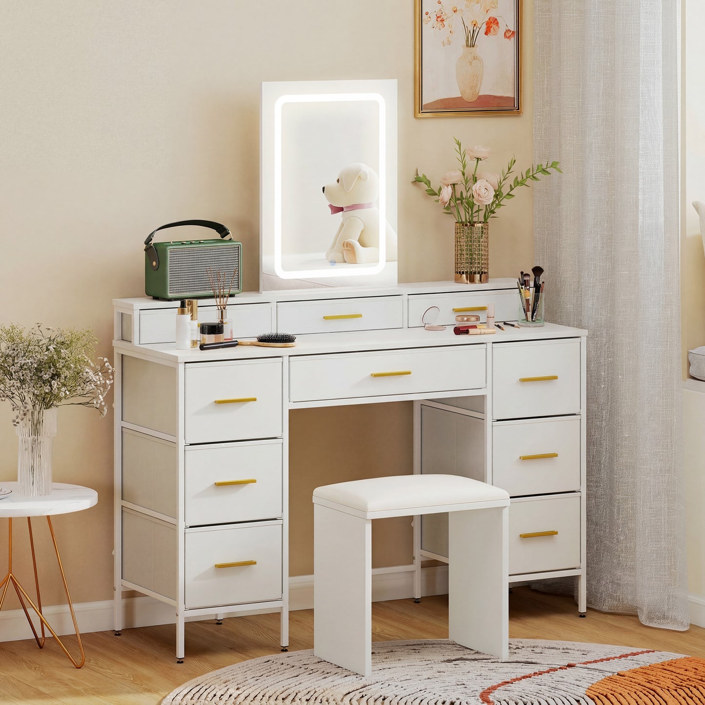 HOMCOM Multi Storage Elegant Dressing Table With LED Mirror In White Finish And Gold Tone Handles