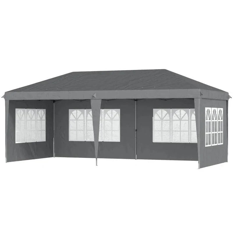 Grey pop-up gazebo canopy with sidewalls and four printed window panels