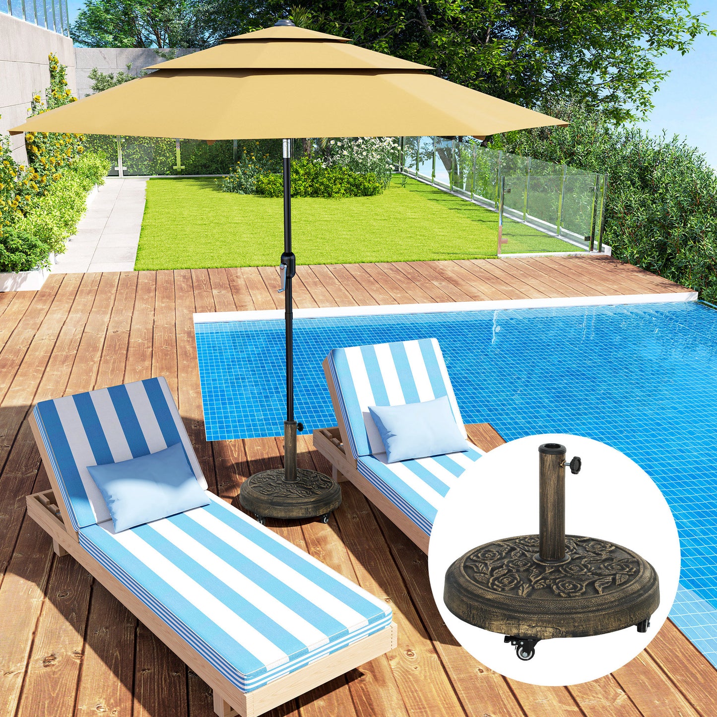 Outsunny Parasol Base With Wheels Cast Iron Effect Umbrella Stand Weather Resistant Bronze Tone