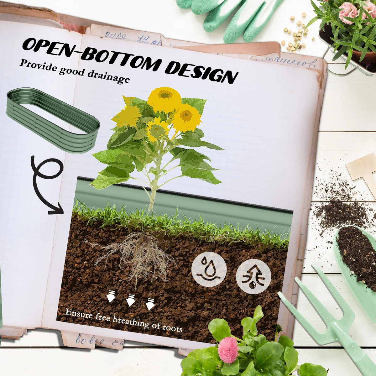 Green metal raised garden bed open-bottom design shown on packaging