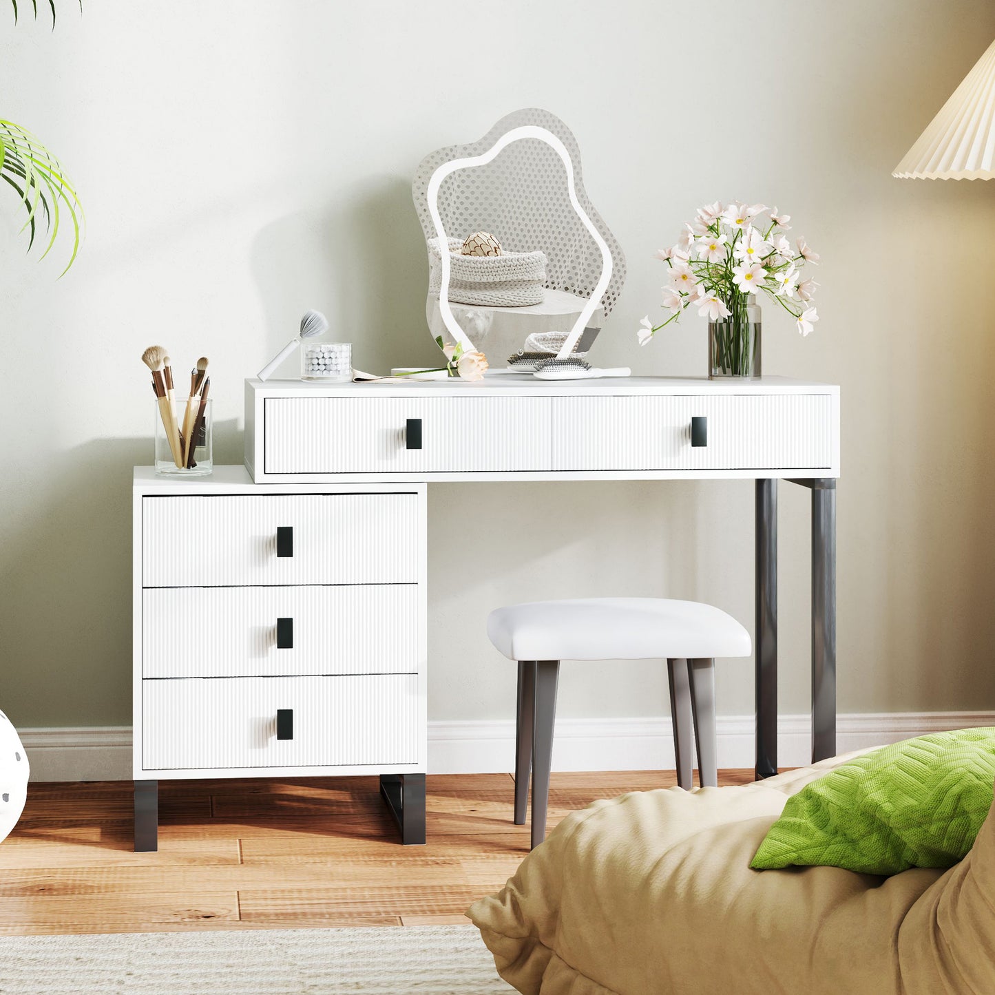 HOMCOM Dressing Table Vanity Desk With Leaf Shape Mirror 5 Drawers 3 Color LED Lights 100x40cm Tabletop White