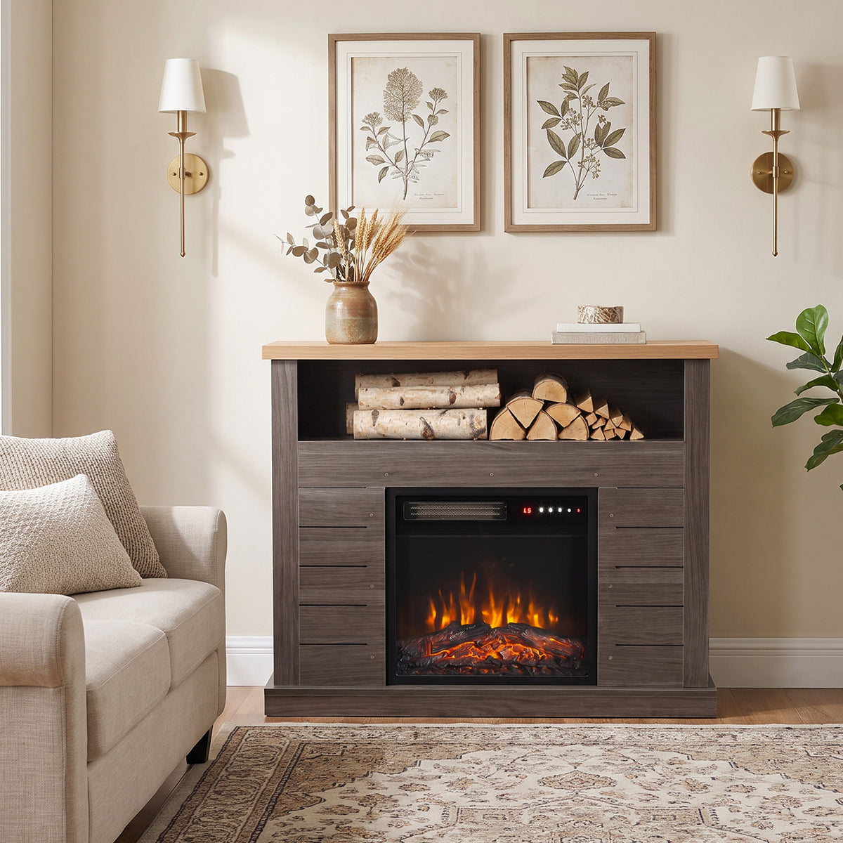 Gray electric fireplace TV stand with stacked logs on the shelf and flames in the window
