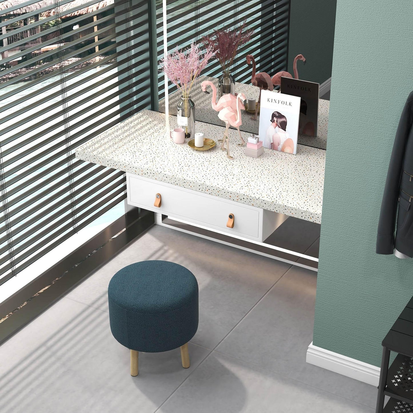 HOMCOM Blue Linen Upholstered Storage Ottoman with Padded Seat and Wooden Legs - ALL4U RETAILER LTD