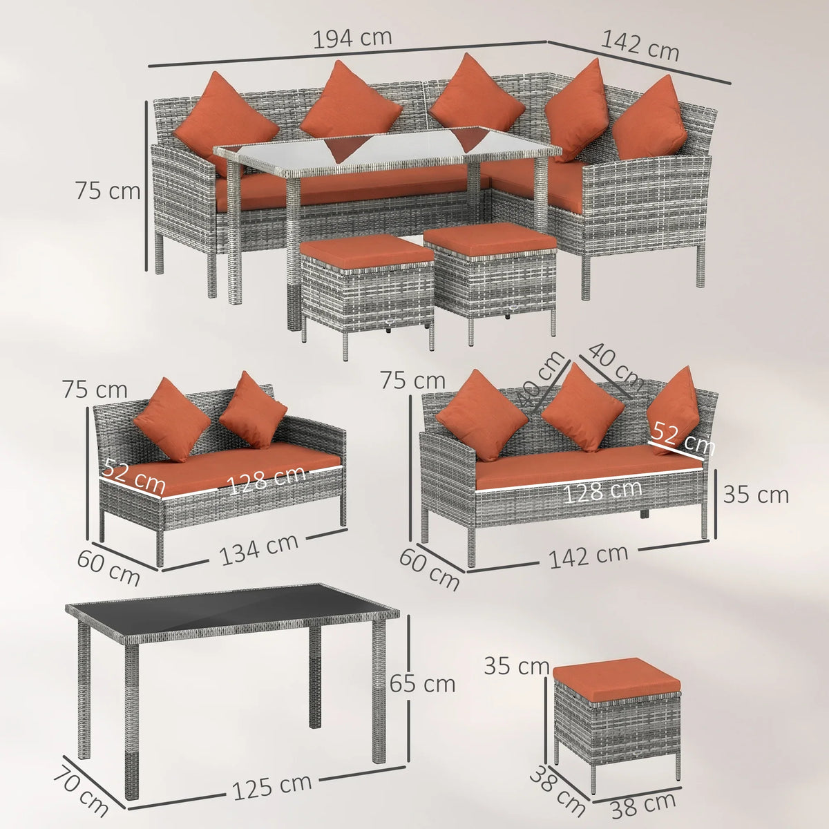 Rattan dining set size diagram showing gray sofa, glass table, orange cushions, footstools