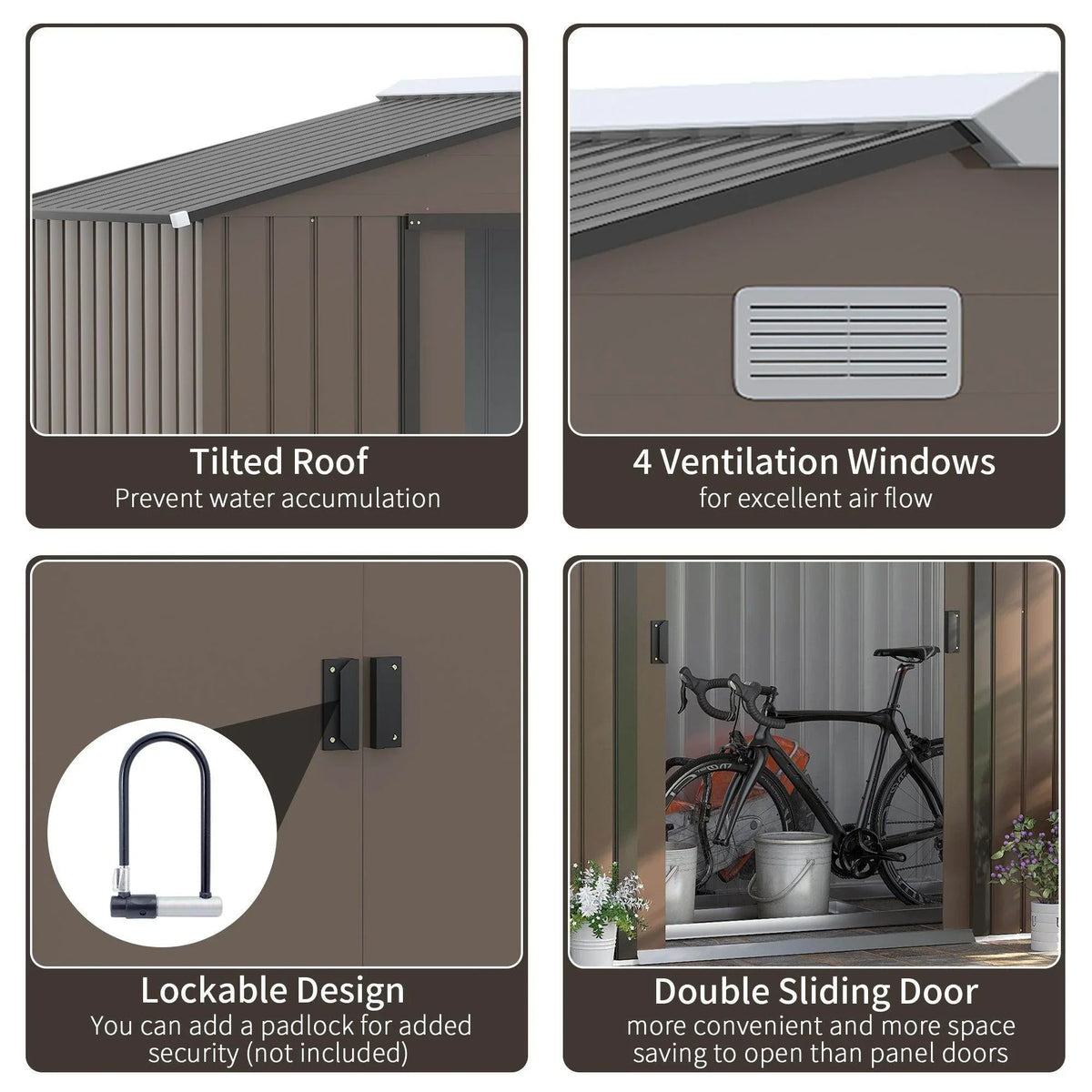 Brown metal garden shed with tilted roof, four vent windows, and lockable double doors.