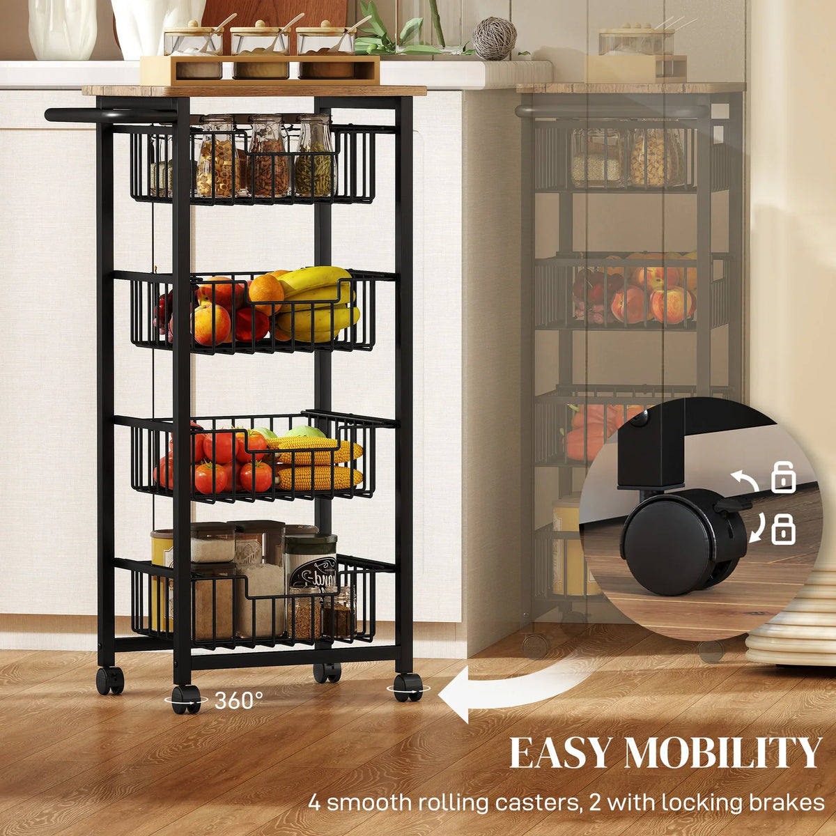 Mobile kitchen island with oak top, four pull-out baskets, black frame and casters with brakes