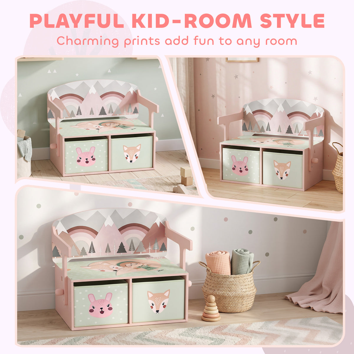Pink kids playroom table and storage bench with animal-themed side cubbies