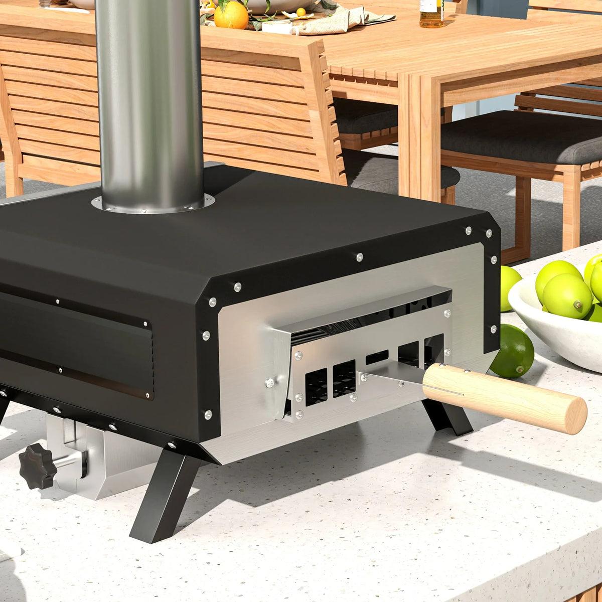 Portable wood-fired pizza oven front view with ash tray access and wooden handle